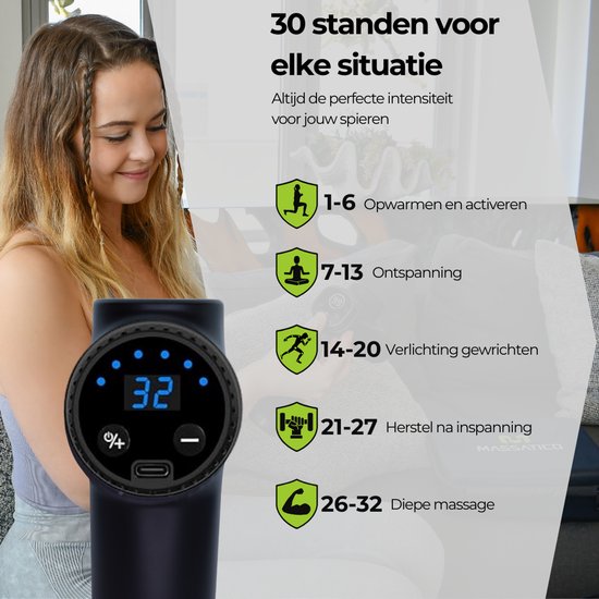 Massatico Massage Gun Compact – Professionelles und leistungsstarkes Massagegerät – Massagegerät, Massagegun, Massagepistole – Schwarz – 5 Aufsätze – 32 Stufen – Mit Koffer