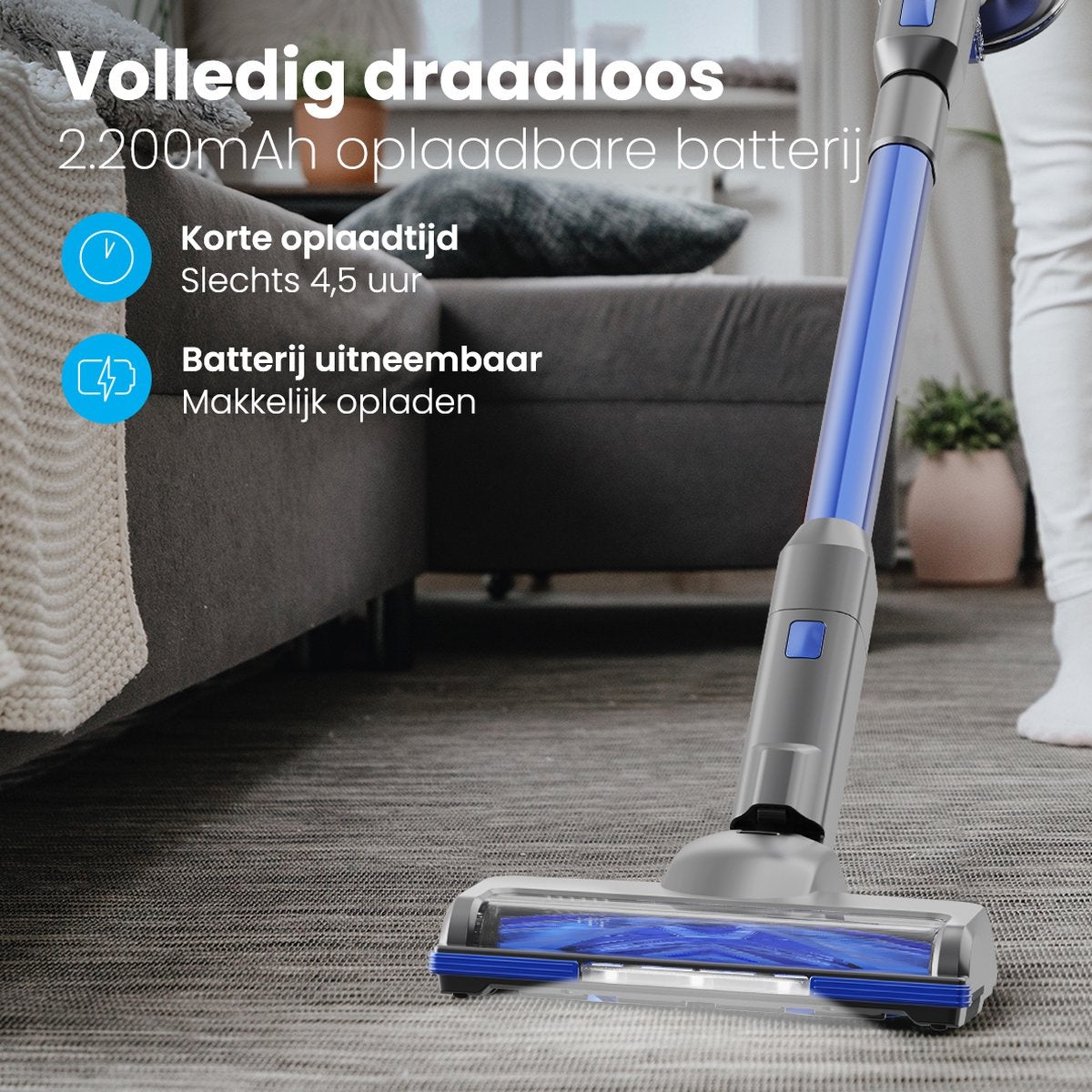 Auronic Stick Staubsauger - Kabellos - Beutellos - Akkubetrieben - Freistehend - 220 W - Grau/Blau