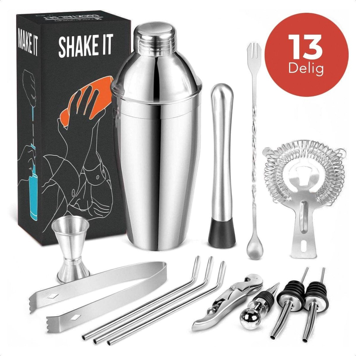 KitchenBrothers Cocktail Set mit Cocktail Shaker - 13 Teile - Komplettset - Geschenkbox - Edelstahl