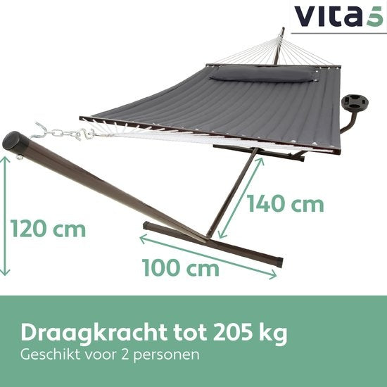 Vita5 Hängematte mit Ständer und Spreizstange - 2 Personen - inkl. Getränkehalter - abnehmbares Kissen - UV-beständig - Dunkelgrau