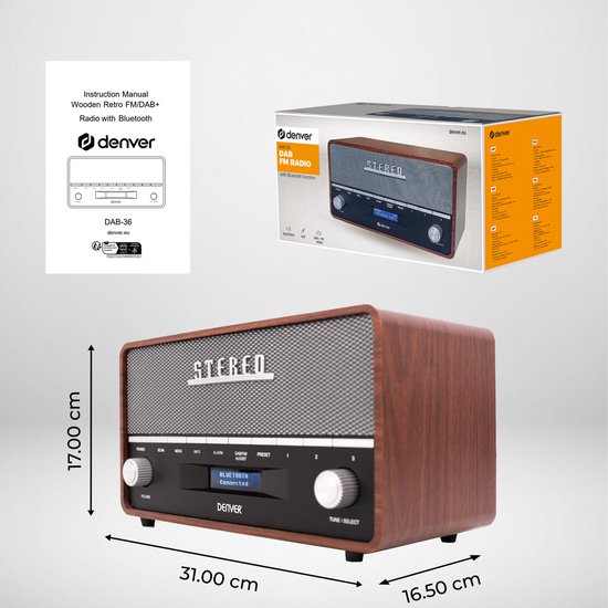 Denver DAB Radio - Retro Radio XL - DAB+/ FM Radio - Bluetooth - Dimmbar - 100W - Batterien & Netz - DAB36 - Holz