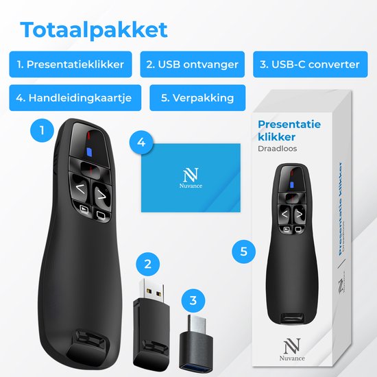 Nuvance Presentation Clicker - Laser - Pointer - Presenter - USB-Empfänger - inkl. USB-C-Adapter - Clicker
