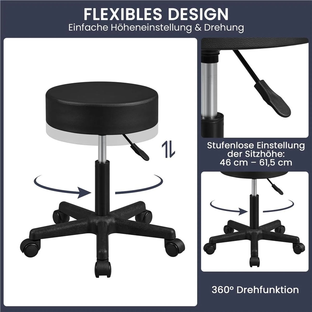 Yaheetech höhenverstellbarer Barhocker - Ausgestattet mit 10 cm dickem Sitzkissen und 360° drehbar und Sternfuß mit Rädern - Für Büro Studio und Kücheninsel - Schwarzes Leder und Metall - 50 x 50 x 46 - 61,5 cm