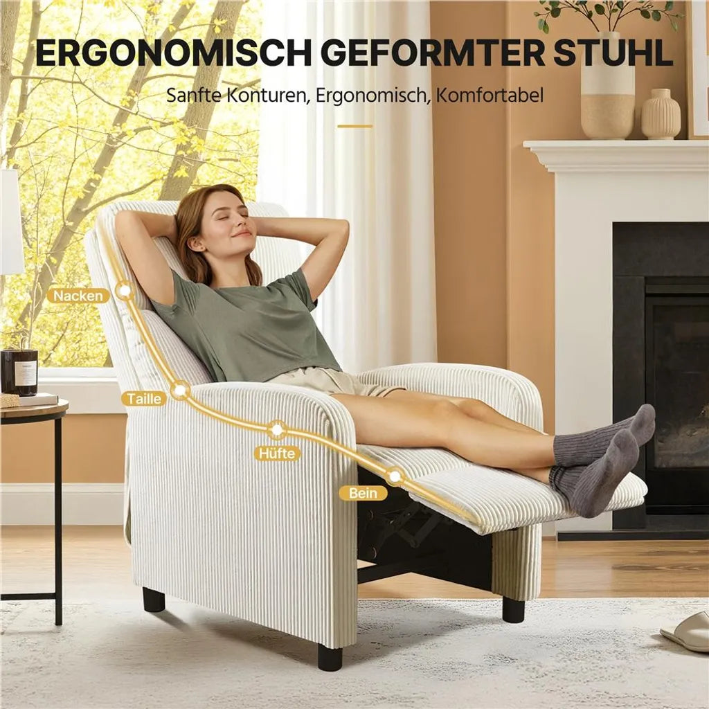 Yaheetech Relaxsessel aus Cord mit verstellbarer Fußstütze – Beige – 61,5 x 87 x 99 cm – max. 120 kg