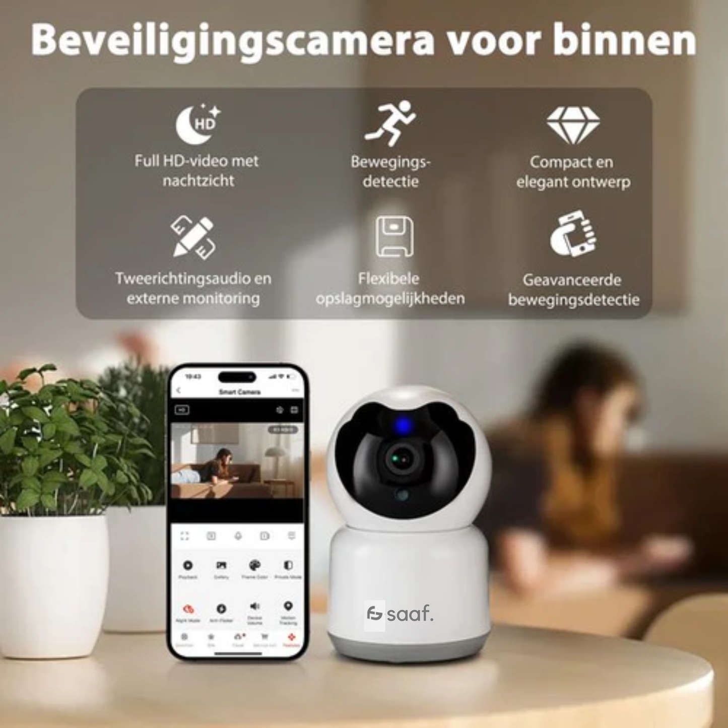 SAAF Sicherheitskamera - Für Innenräume - Mit Nachtsicht - Wifi und 64GB SD - Full HD - Tuya Smart - Weiß