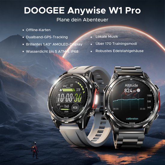 DOOGEE Anywise W1 Pro – Militär-Smartwatch – KI-Sprachsteuerung – 5 ATM – Dual-Band-GPS – Offline-Karten – 170 Sportmodi – 1,43 Zoll AMOLED – Fitness-Tracker – Anrufe tätigen und empfangen – 18 Tage besonders lange Akkulaufzeit – Taschenlampe – Kompatibel