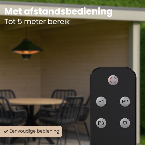 Auronic Terrassenstrahler - Infrarotheizung - Hängend - 20m2 - Elektrisch - 2000W - Fernbedienung - 3 Stufen - Schwarz