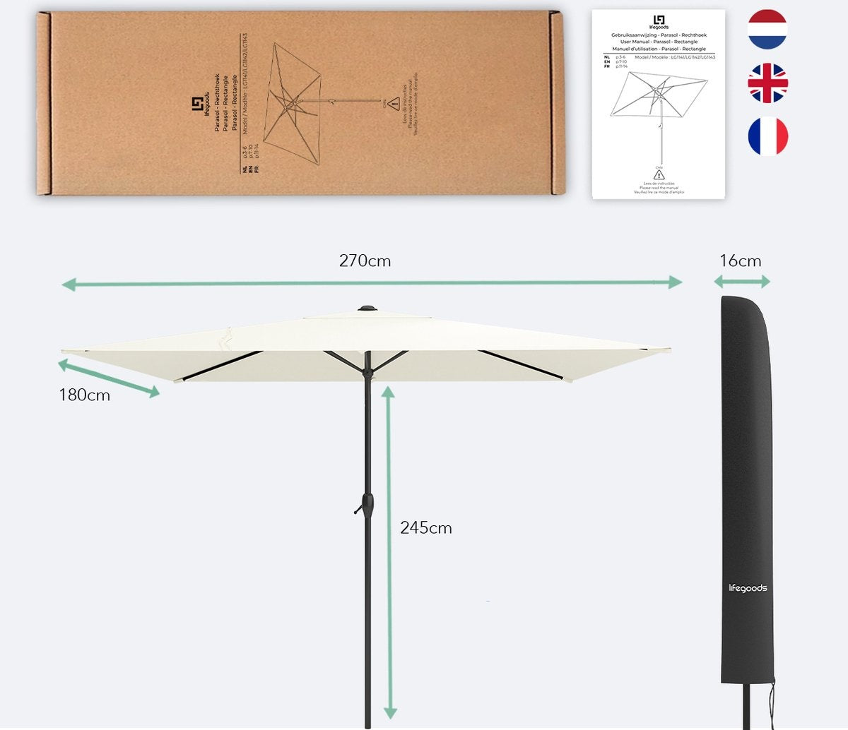 LifeGoods Sonnenschirm - 270x180cm - 30° neigbar - wasserdicht - mit Bezug - Creme