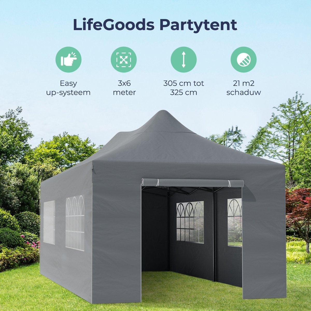LifeGoods Partyzelt - Pavillon - 3x6 m - Seitenwände - leicht aufbaubar - faltbar - wasserdicht - Tragetasche mit Rädern - dunkelgrau