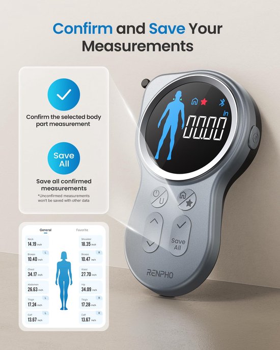Renpho Smart Body Tape Measure+ – Intelligentes Maßband für den Körper – Umfangsmesser – mit Renpho Health App – 150 cm