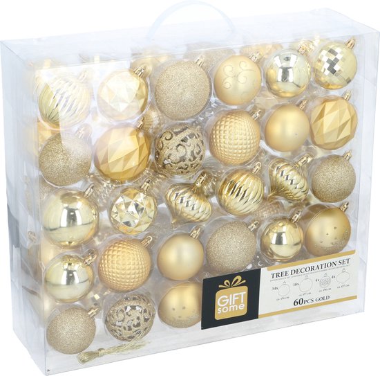 Giftsome Set mit goldenen Weihnachtskugeln – 60 Weihnachtskugeln aus Kunststoff – inkl. goldenem Baumschmuck – Weihnachtsdekoration – 6/7 cm