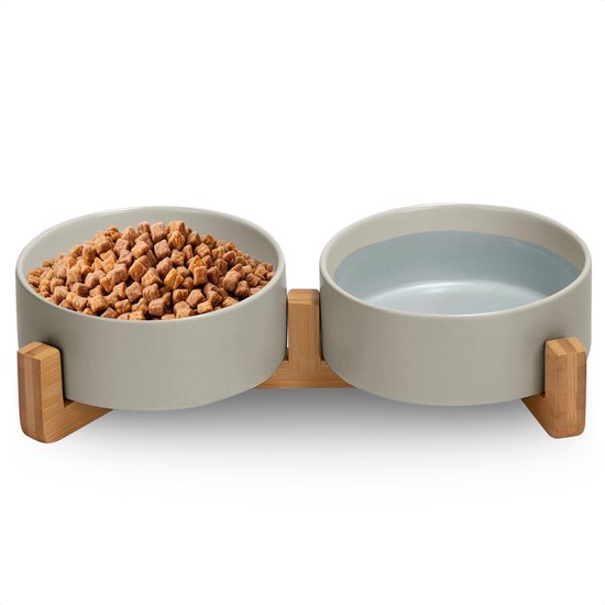 Jake and Jacky Fressnapf Katze und Hund Keramik - Fressnäpfe doppelt mit Ständer - Trinknapf - 2x 400 ml - Grau