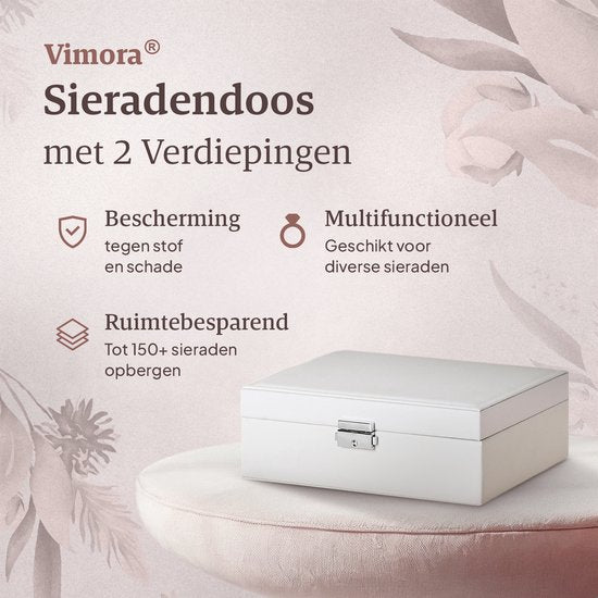 Vimora - Schmuckkästchen - für Erwachsene - Geeignet für Halsketten, Ohrringe, Armbänder & Ringe - Mit extra Boden - Schmuckkästchen Girls - Weiß