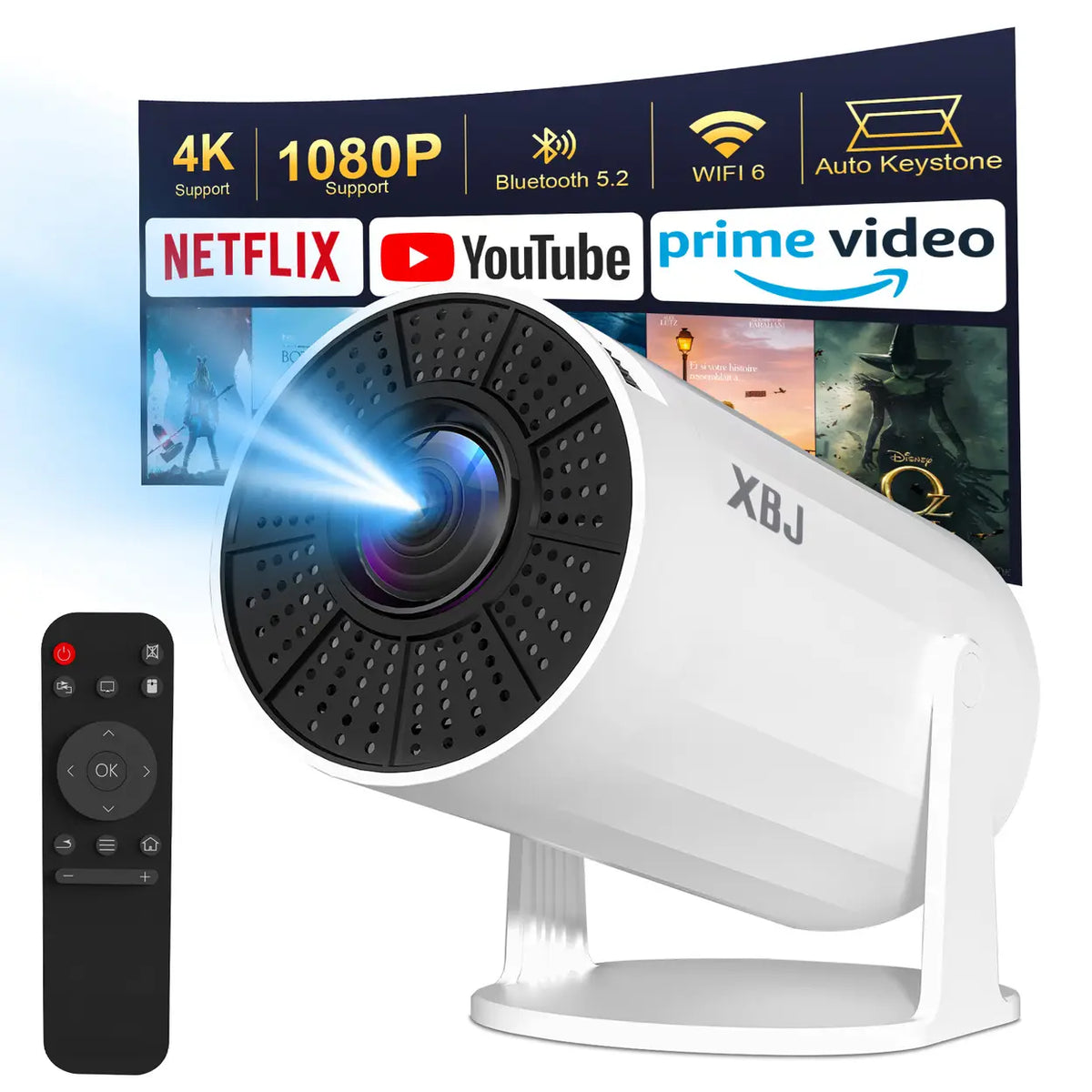 XBJ Tragbarer Mini-Beamer – WLAN 6 – Bluetooth 5.2 – Weiß