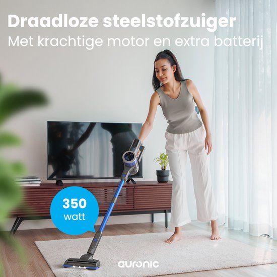 Auronic Stick Staubsauger - Kabellos - Standstaubsauger - Ohne Beutel - 350W - Extra Akku - Staubsauger - Grau/Blau