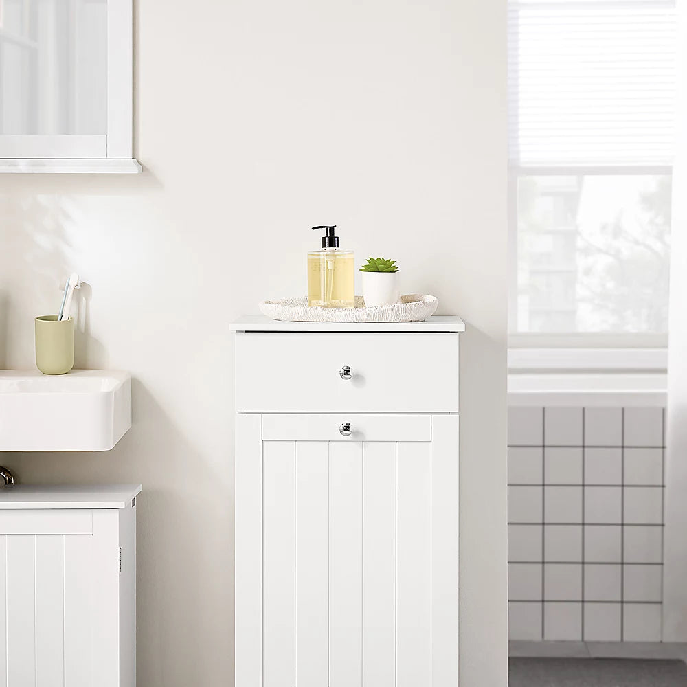 Sobuy Badezimmerschrank mit Wäschekorb – Ausgestattet mit 1 herausnehmbarem Wäschekorb, 1 Tür und 1 Schublade – Für Badezimmer und Waschküche – Weiß lackiertes MDF – 40 x 38 x 90 cm