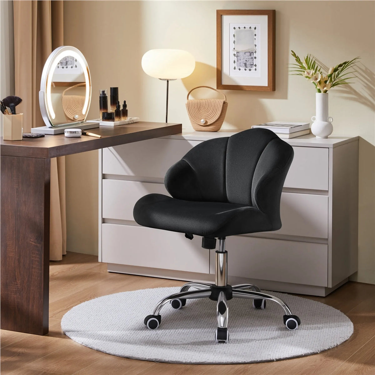Yaheetech – Eleganter Drehstuhl im Muschel-Design, 76,5–86 cm – Schlichtes Schwarz – Polyester und Metall
