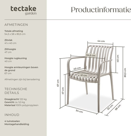 tectake® 4er Set Gartenstühle Alcudia - Taupe - Kunststoffstühle mit Armlehne - Stapelbar - Stühle für Garten, Terrasse oder Balkon - Wetterfest und UV-beständig - Belastbarkeit 120kg pro Gartenstuhl