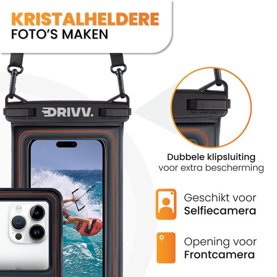 Drivv. Wasserdichte Handytasche - schwimmend - Doppel-Clip-Verschluss - bis zu 6,8 Zoll - Unterwasser-Telefonhülle - Schwarz