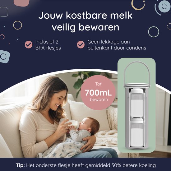 Numsy Milchkühler für unterwegs – Tragbarer Muttermilchkühler – 24 Stunden Kühlung – Edelstahl 750 ml – Kein Kondenswasser – Inkl. 2 x 350 ml BPA-freie Flaschen – Auslaufsicher
