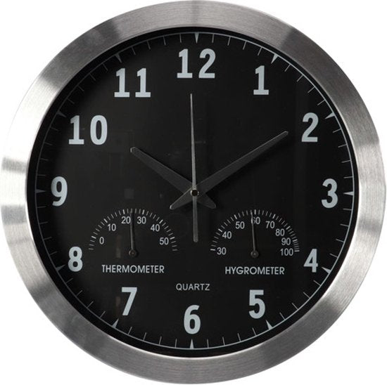 Perel Aluminium Wanduhr mit Thermometer & Hygrometer - Ã˜ 35.5 Cm