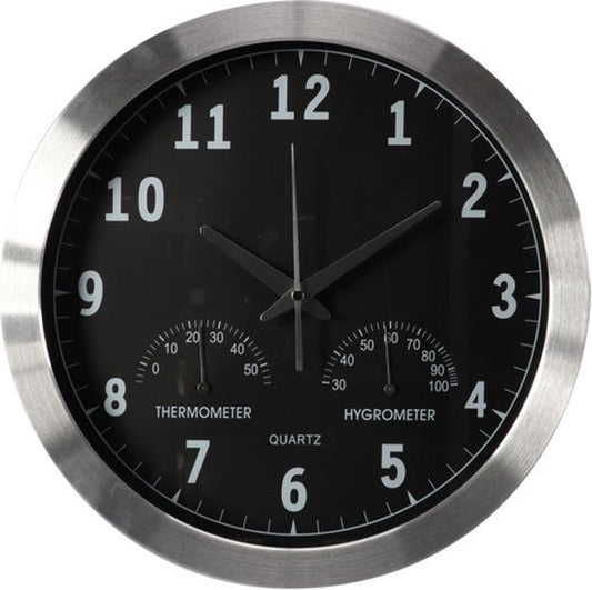 Perel Aluminium Wanduhr mit Thermometer & Hygrometer - Ã˜ 35.5 Cm
