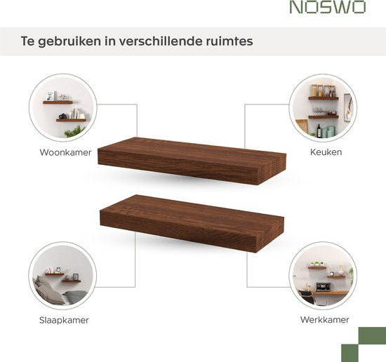 Noswo Schwebendes Wandregal - 2er Set mit 15 kg Belastbarkeit - Massives Mangoholz - Wandregal - 43x16,8 x4 cm - Kann als Wandregal, Bücherregal und Fotoregal verwendet werden - Inklusive Befestigungsmaterial