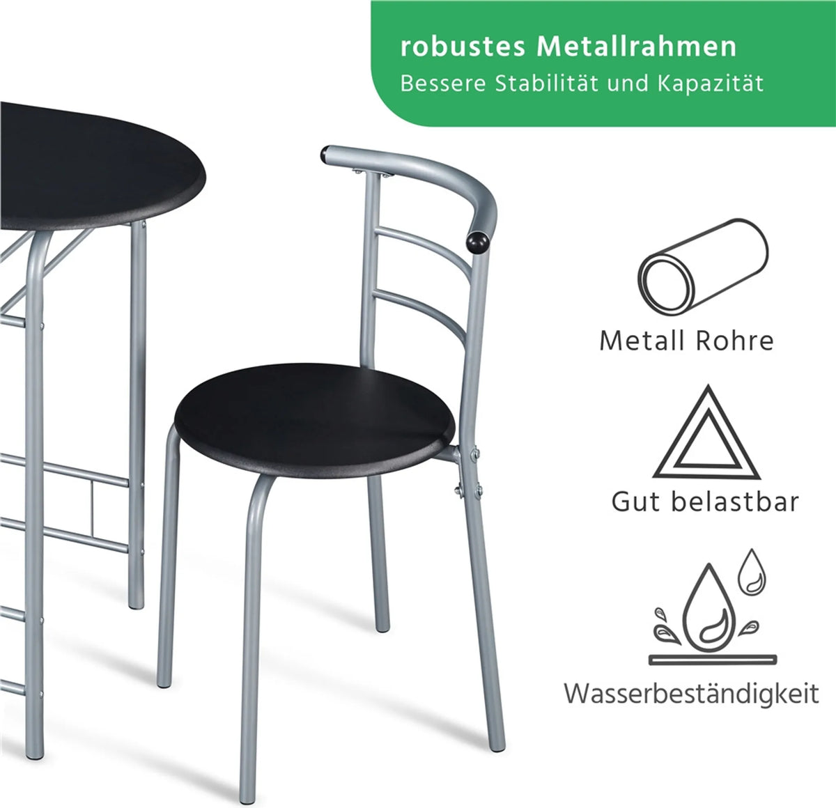 Yaheetech Dining Set von 3 - Features Tisch mit 2 Stühlen und verstellbare Lagerung Regal und wasserabweisende Beschichtung - für Küche und Esszimmer - Schwarz Metall und MDF - 80 x 53 x 73,5 cm