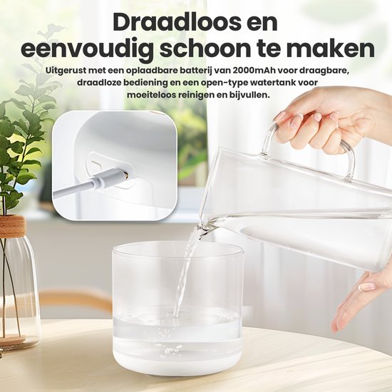 Luftbefeuchter - 1.5L - Luftbefeuchter - Kabellos & Wiederaufladbar - Aroma Diffusoren - Flüsterleise - Weiß - von Saaf
