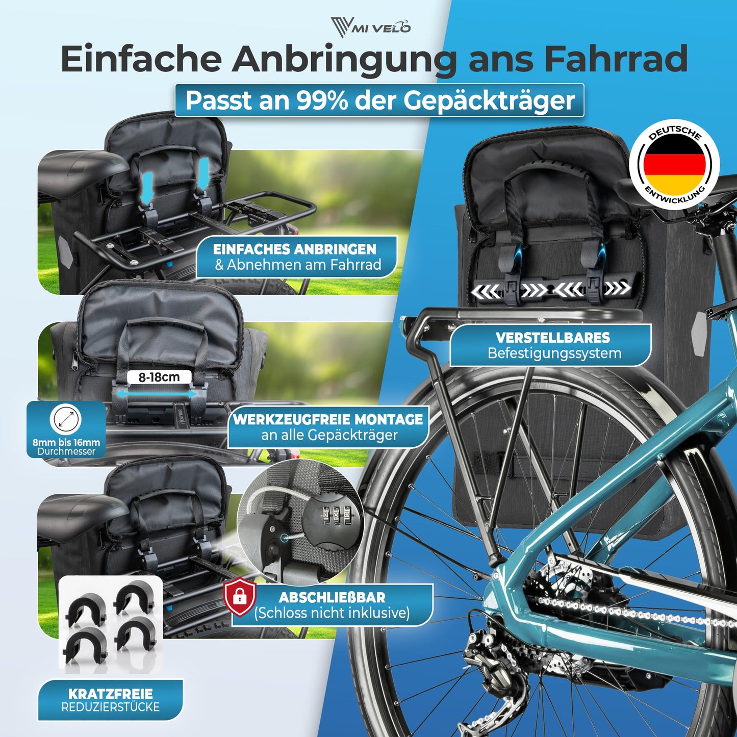 MIVELO - 3-in-1-Fahrradtasche – Wasserdicht – Gefüttertes Laptopfach – Reflektoren - 20 Liter - Graphitfarben