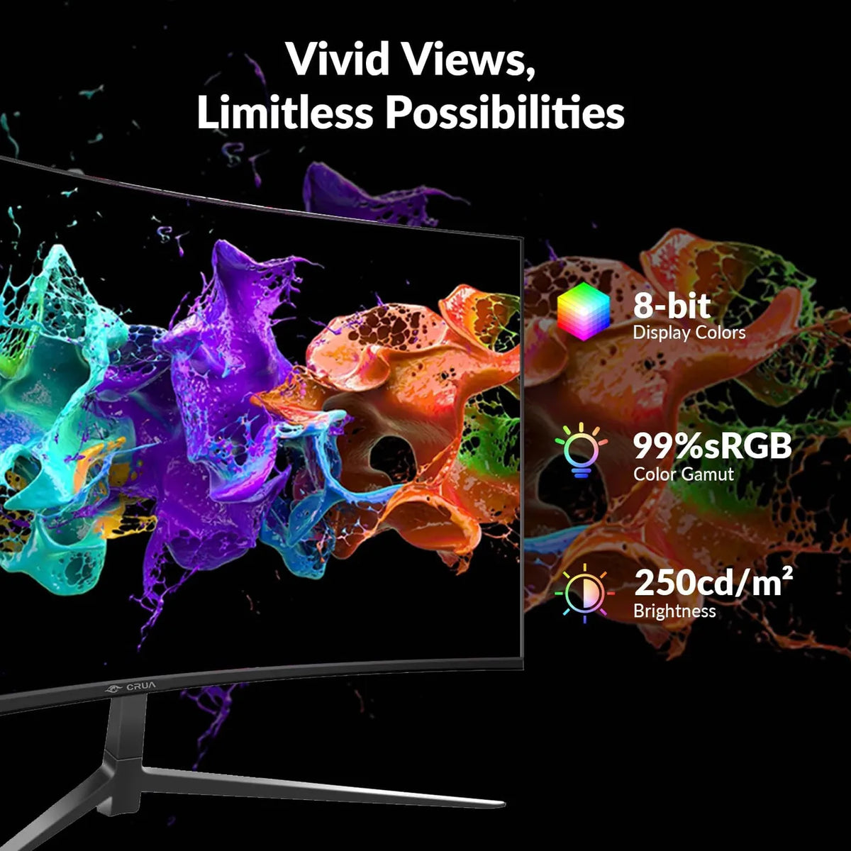 Crua 27-Zoll-Gaming-Monitor mit gebogenem Bildschirm – 144 Hz, FHD, 1800R, VA-Panel – AMD FreeSync – Schwarz