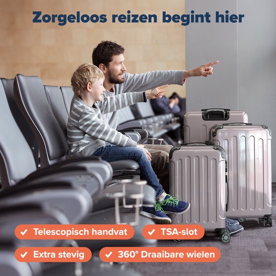 TRVLMORE - Kofferset - 3 Stück - Komplettes Reisekofferset - 45L Handgepäck + 75L und 115L geräumiges Gepäck - Rose Gold