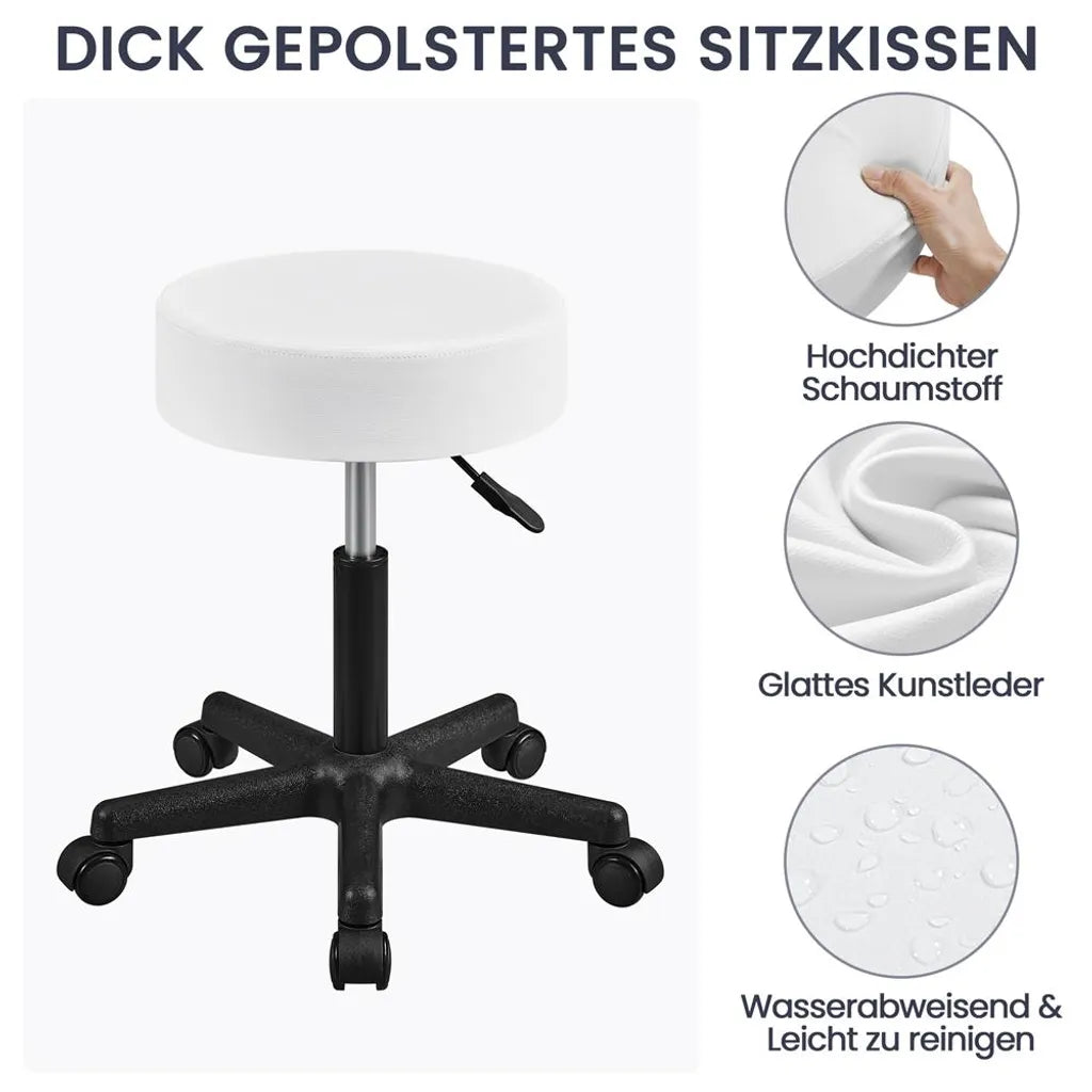 Yaheetech Rollhocker 50 × 50 × 46-61,5 cm - Weiß - Verstellbarer Drehhocker mit Rädern und 150 kg Belastbarkeit