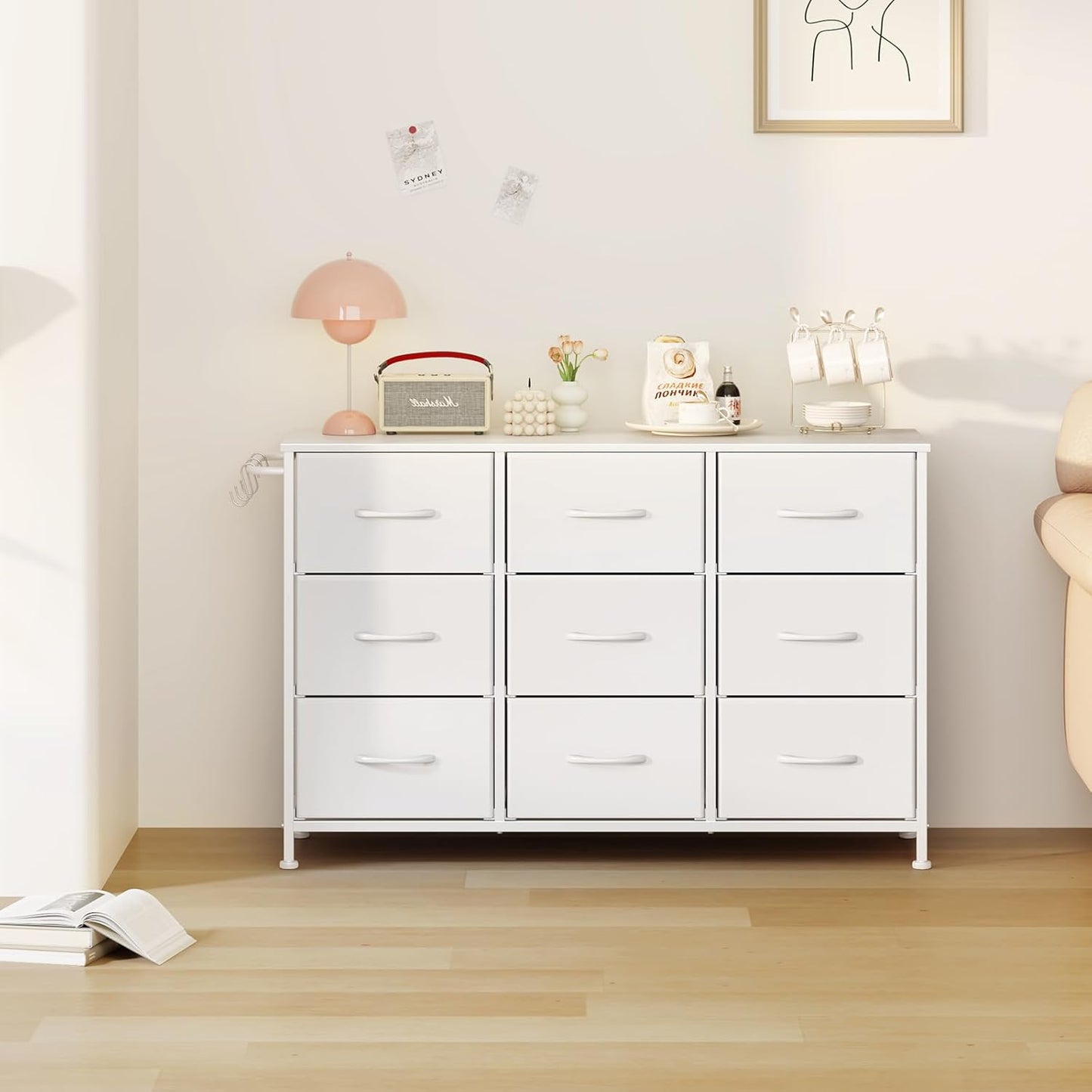 Leader Accessories Kommode mit 9 Schubladen aus Stoff für Flur und Wohnzimmer – 100 x 30 x 65 cm – Weiß