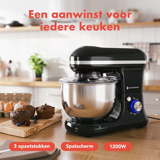 KitchenBrothers Küchenmaschine - Küchenroboter - 5L - Küchenmixer - 1200W - Schwarz