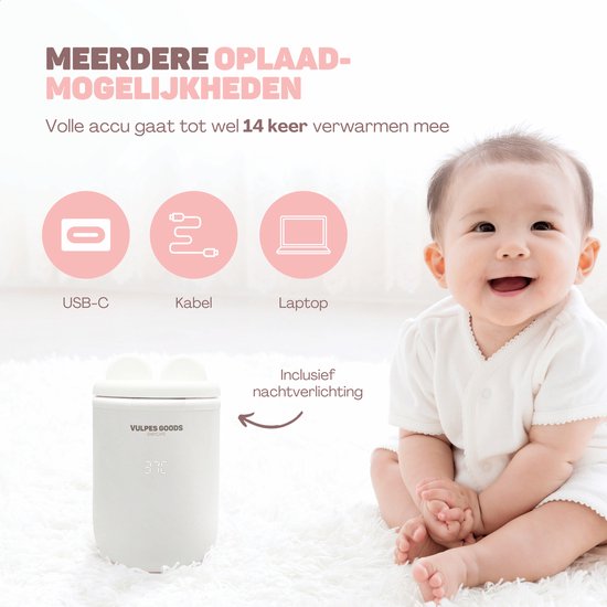 Vulpes Goods® BabyCare - Flaschenwärmer Pro - Tragbarer Babyflaschenwärmer für die Reise - Intelligenter Flaschenwärmer - 4 Temperaturstufen - Kabellos - Inklusive 6 Adapter - USB Wiederaufladbar - 13.200 mAh - Weiß