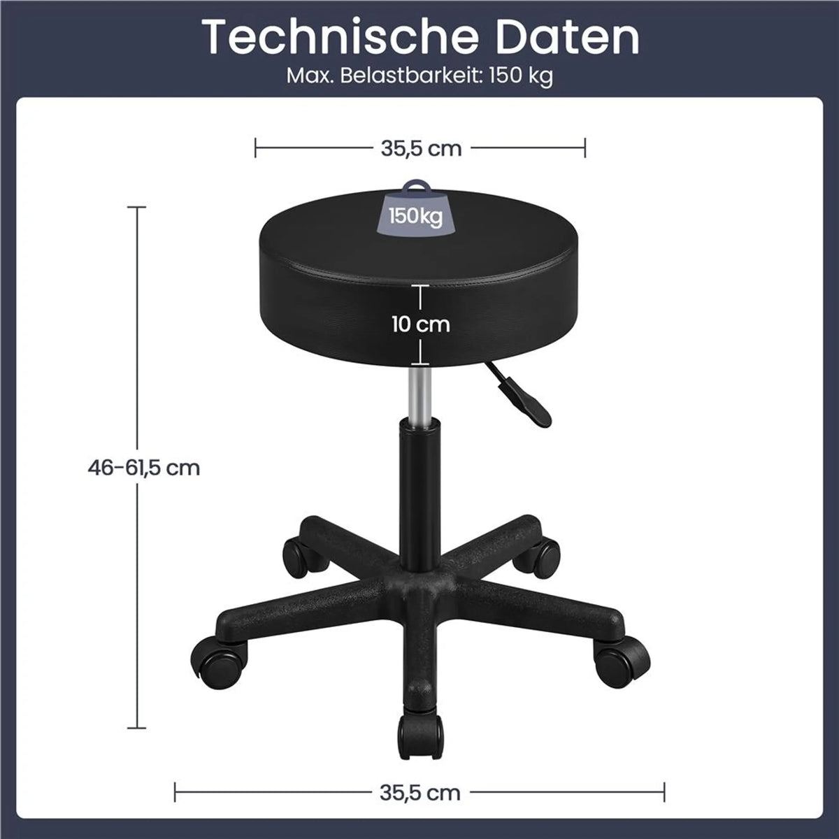 Yaheetech höhenverstellbarer Barhocker - Ausgestattet mit 10 cm dickem Sitzkissen und 360° drehbar und Sternfuß mit Rädern - Für Büro Studio und Kücheninsel - Schwarzes Leder und Metall - 50 x 50 x 46 - 61,5 cm