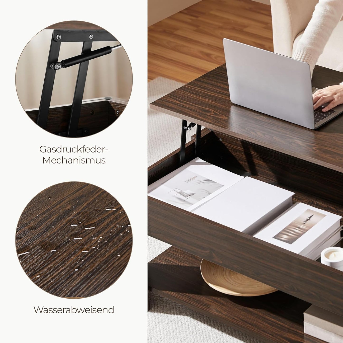 Yaheetech Couchtisch mit höhenverstellbarer Tischplatte – Versteckter Stauraum – Braun – 98 x 50 x 42–56 cm