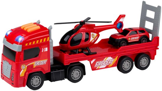 Eddy Toys Feuerwehrwagen-Set, 3-teilig – Feuerwehrwagen-Set mit Anhänger, Hubschrauber und Feuerwehrauto – Spielzeugauto, Hubschrauber und Feuerwehrauto mit Licht und Sound – Feuerwehr – Rot