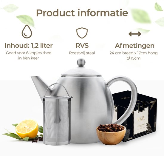 Vaja® Teekanne Valerie aus Edelstahl – Teekanne – Teekanne mit Sieb – Teekanne – Doppelwandige Teekanne – Teekanne mit Warmhaltefunktion – Teekanne aus Edelstahl – 1,2 Liter