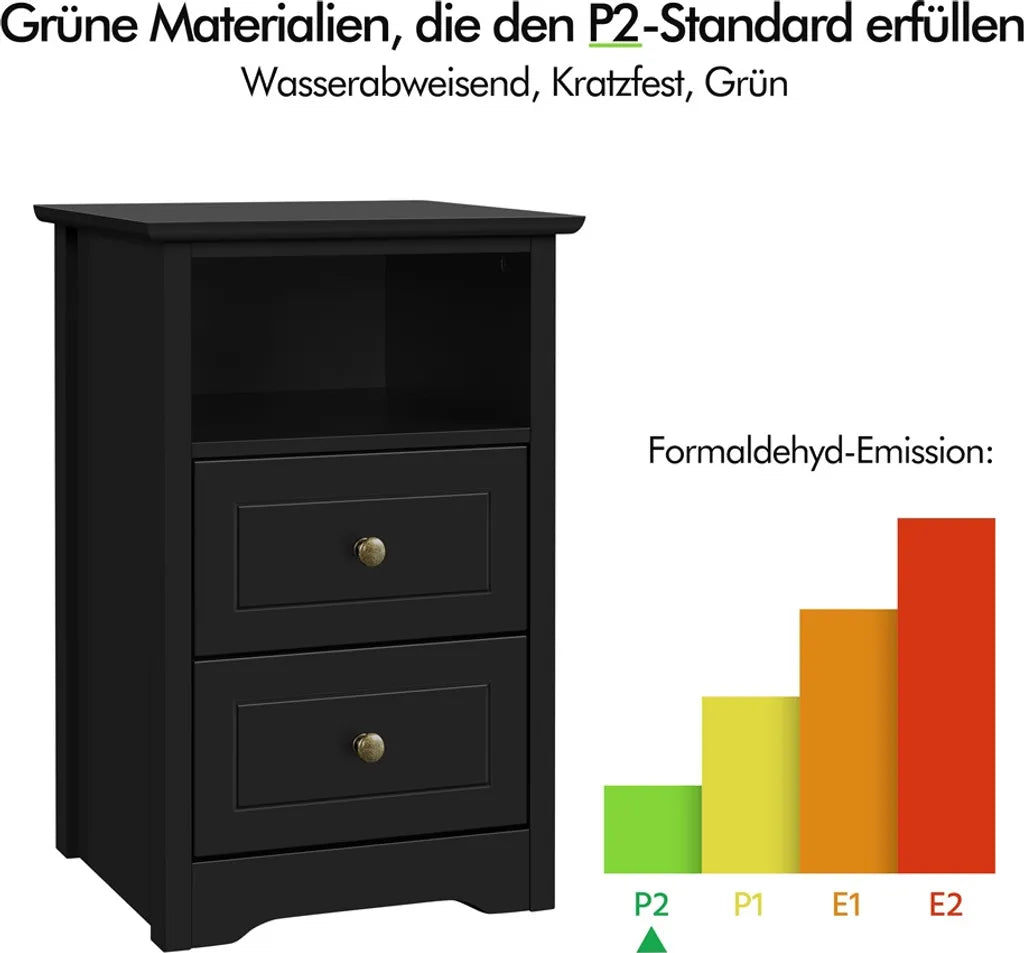 Yaheetech Nachttisch mit 2 Schubladen und Ablagefach – Schwarz – 40 x 35 x 60 cm