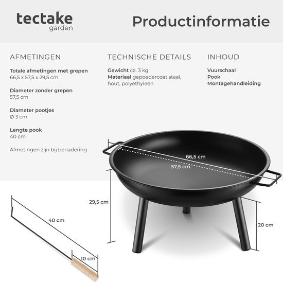 tectake® Feuerkorb Diablo – Hitzebeständiger Stahl – Feuerschale mit Feuerzange – Ø 57,5 cm – Gartenkamin – Stimmungsfeuer für den Außenbereich – Mit Griffen und Wasserablauf – Für Brennholz und Holzkohle