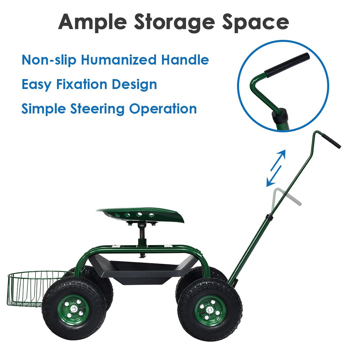 Coast Gartenwagen mit Aufbewahrungskorb – höhenverstellbarer Griff – ergonomischer Sitz – grün