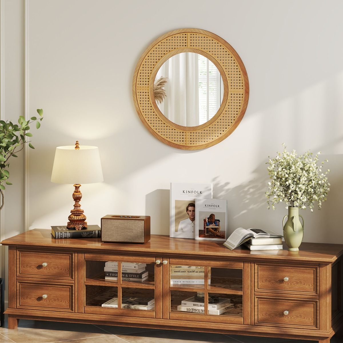 Coast Runder Wandspiegel – Rattan-Dekoration – Holzrahmen – 65 cm Natur