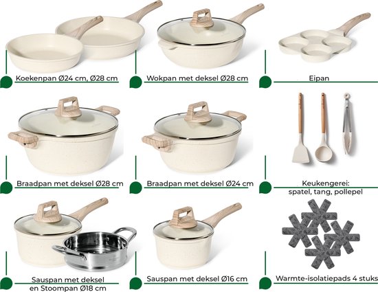Just Perfecto 21 Töpfe und Pfannen Set Induktion - Beige Töpfe und Pfannen Set mit Deckel für Gas und Induktion - PFAS frei - Kalte Griffe