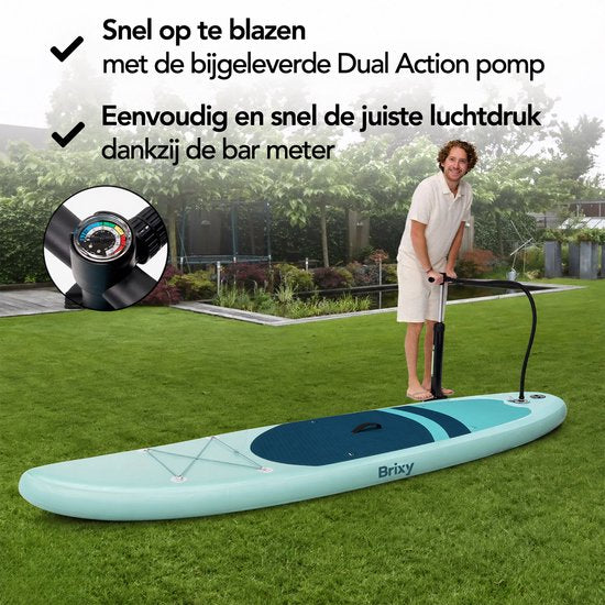 Brixy 2-in-1-SUP-Board – mit Sitz – aufblasbares Paddle-Board – Komplettset – 335 cm – max. 175 kg – Mintgrün/Blau