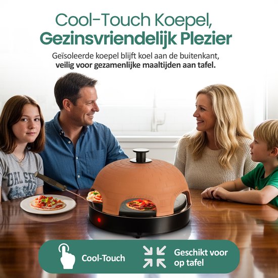 Emerio Pizzarette Original - 6-Personen-Pizzaofen - Handgefertigte Terrakotta-Kuppel - 6 isolierte Backspatel - Edelstahl-Backplatte - Gourmet-Set mit Cool Touch Kuppel - PO-115984 1200W