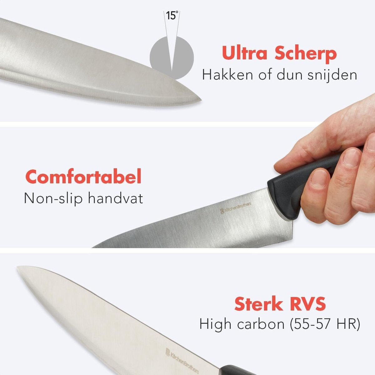 KitchenBrothers Messerset - Messerblock - 17-teilig - mit Küchenschere und Messerschärfer - rostfreier Stahl/Schwarz