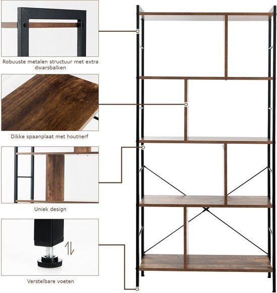 Coast Bücherregal 5-teilig mit Metallrahmen Holz - 74 x 30 x 154,5 cm - Braun