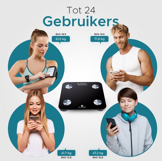e.volve Waage Personenwaage Digital - 20x - Schwarz - Intelligente Waage mit Körperanalyse - Präzisionswaage - Waage - Digitalwaage - Inkl.
